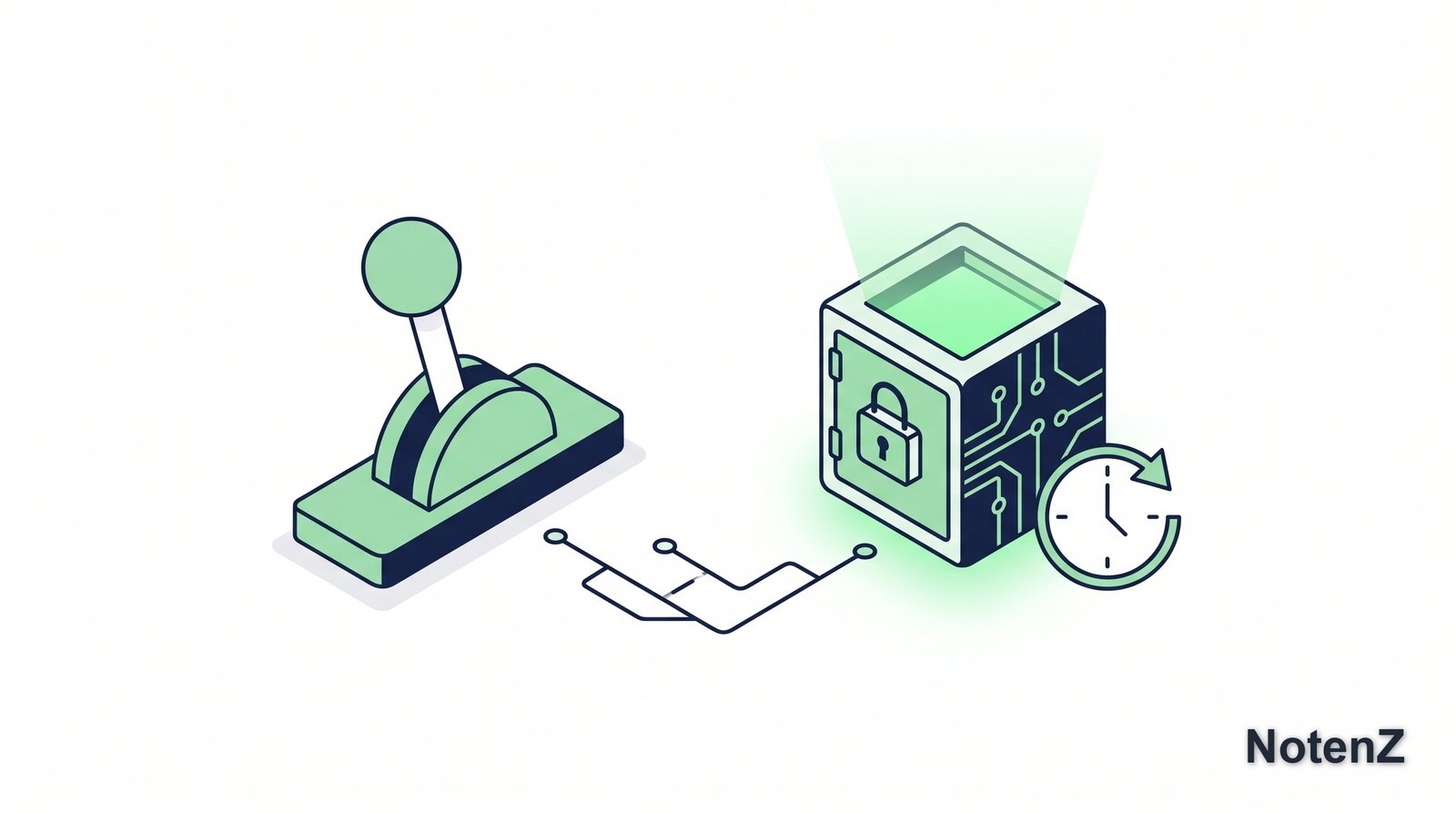 Illustration of a dead man's switch lever connected to a digital vault with a check-in timer