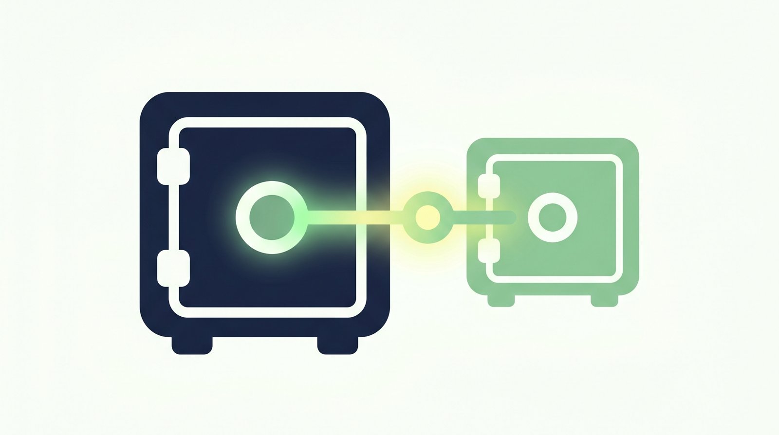 Illustration of two digital vaults connected by a glowing key, representing Notenz and 1Password Emergency Access