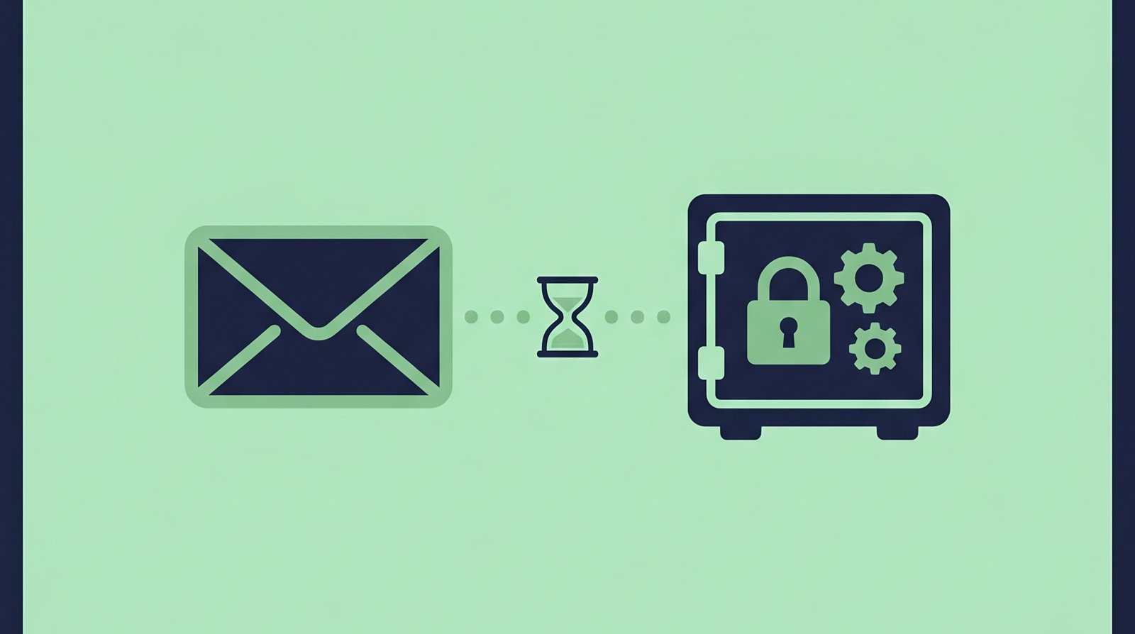 Illustration of an envelope and a locked vault connected by an hourglass, representing Google Inactive Account Manager vs Notenz