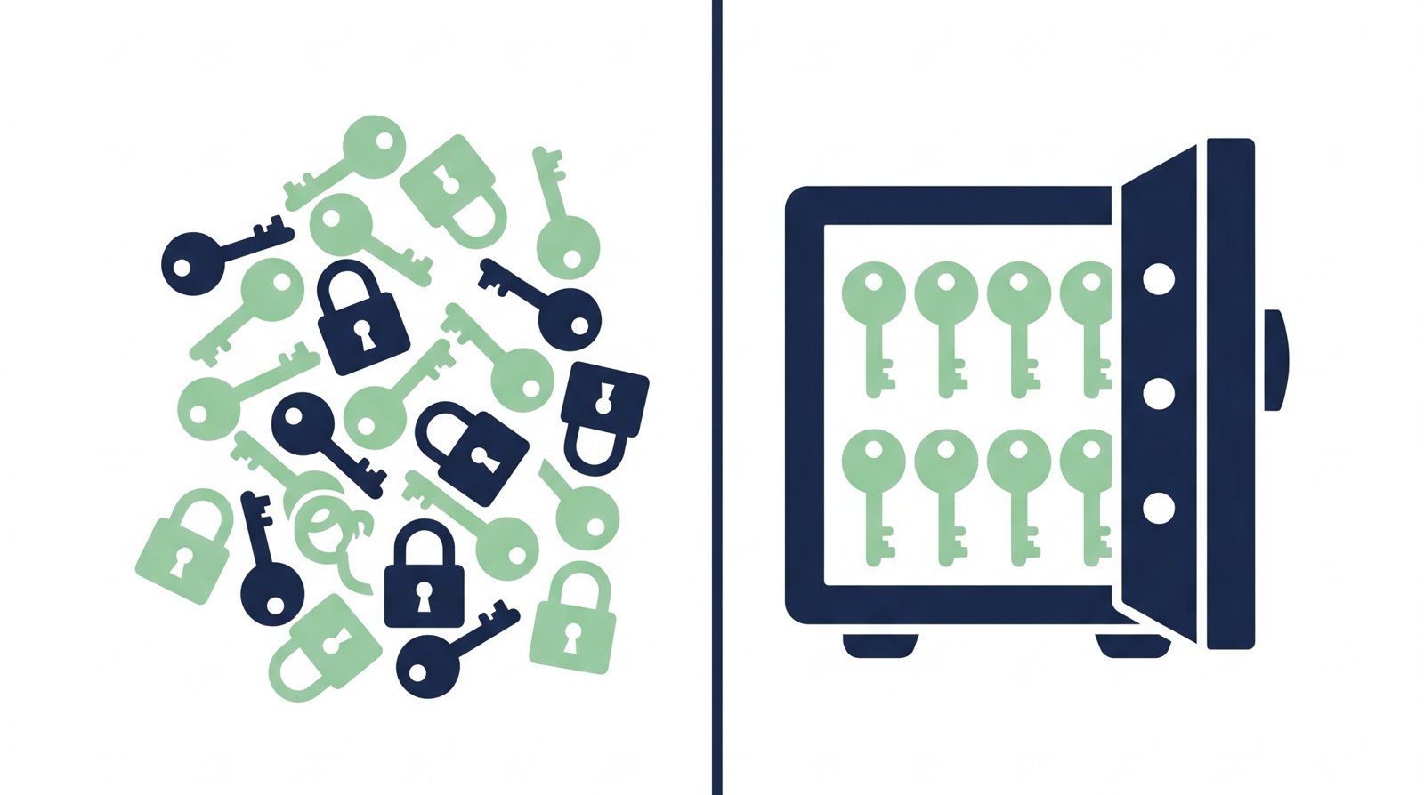 Illustration of scattered keys and locks becoming organized inside an open vault