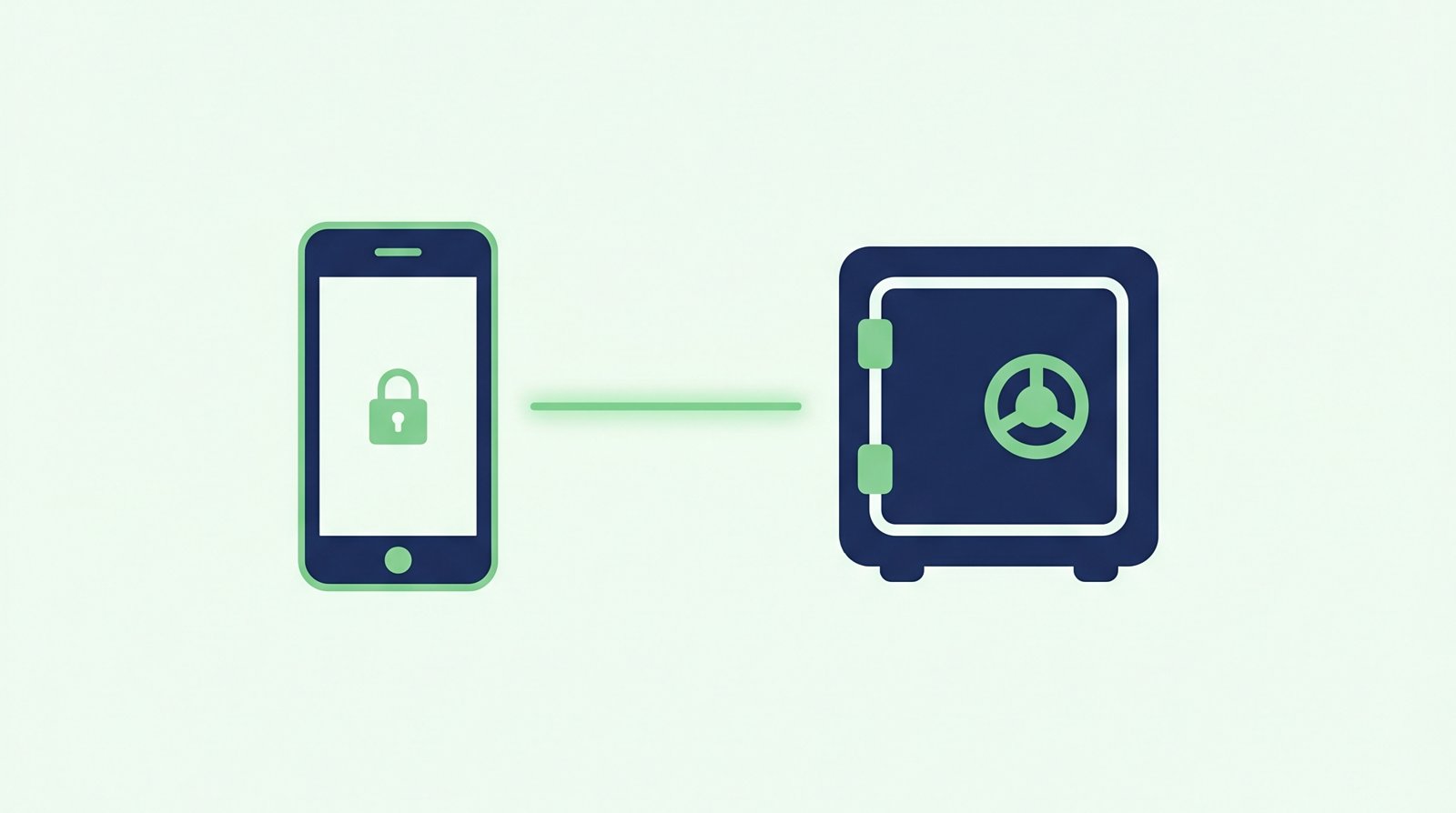 Illustration of a smartphone connected by a glowing line to a closed digital vault