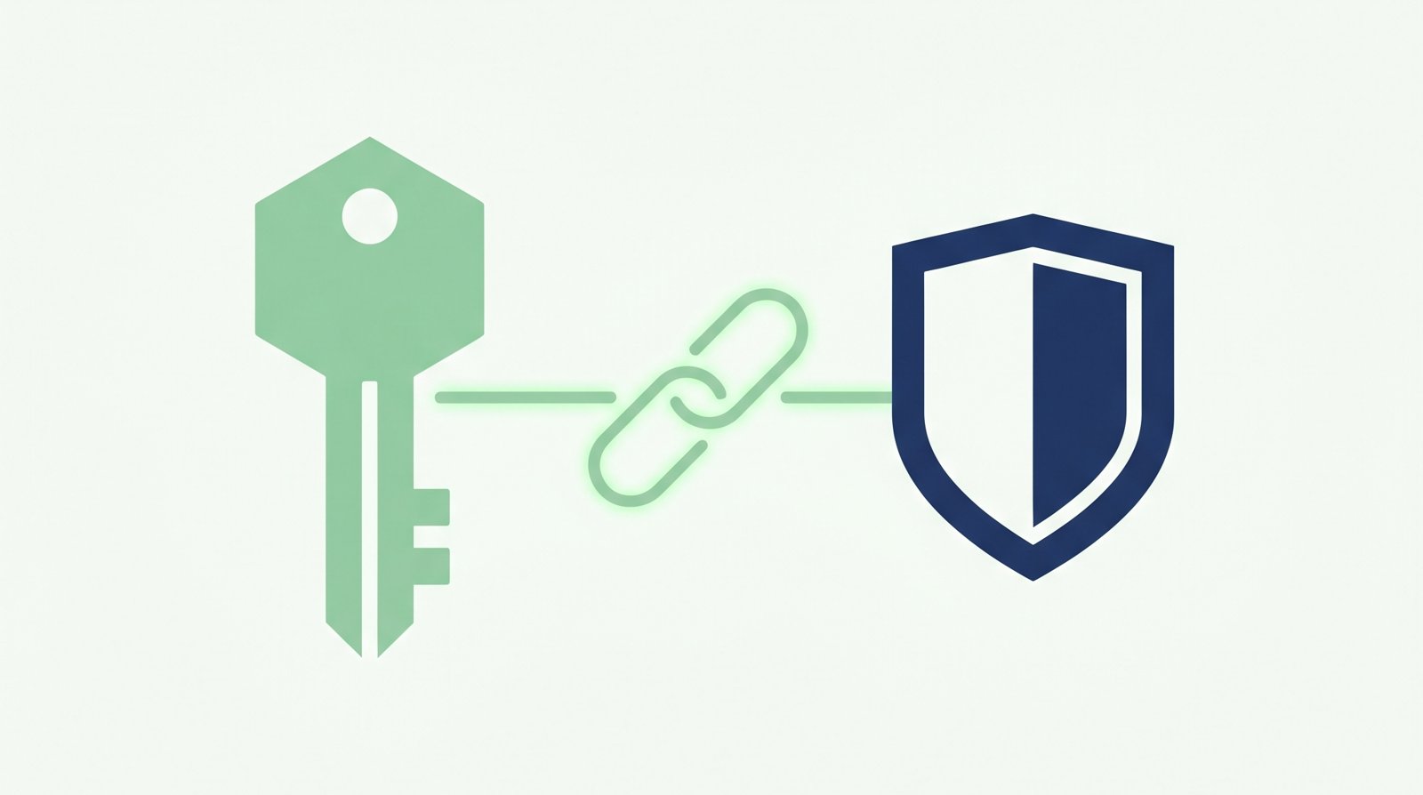 Illustration of a key and a shield connected by a glowing line forming a chain