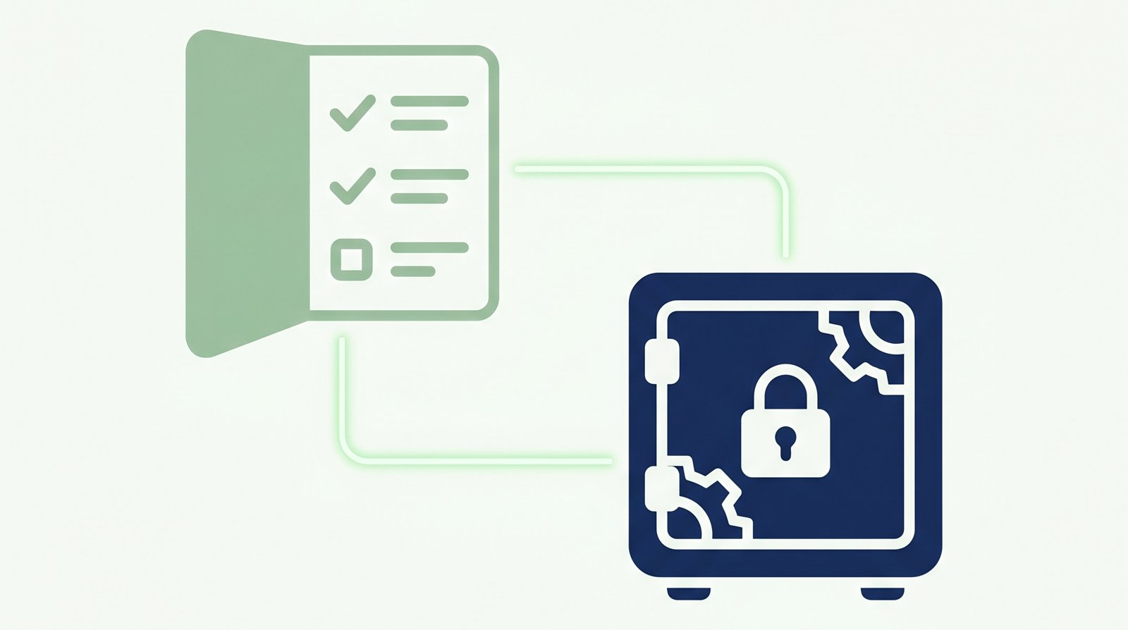 Illustration of an open checklist document connected by a glowing line to a closed digital vault