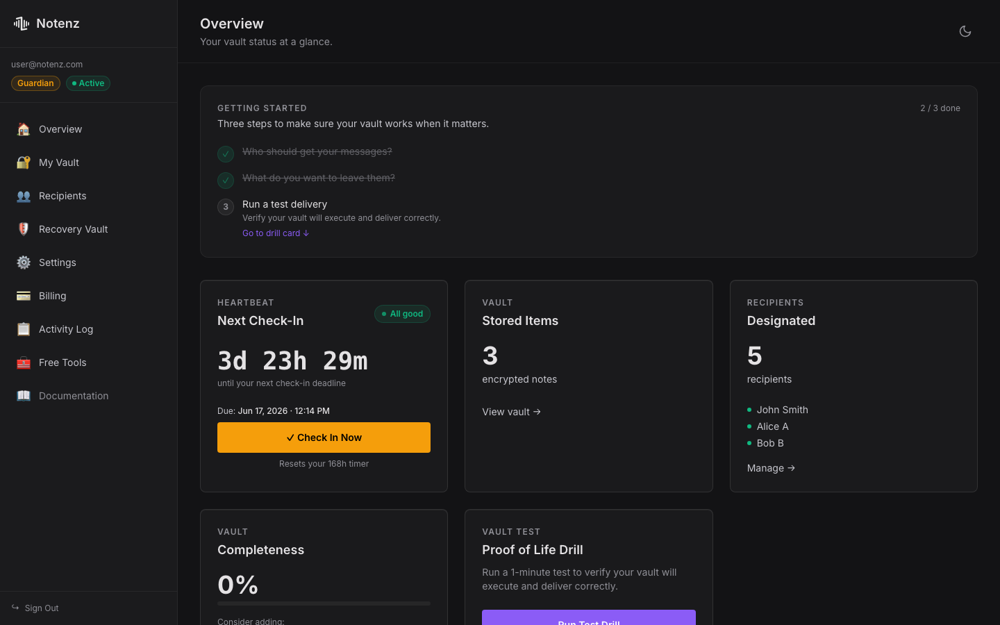 Notenz dashboard showing check-in status