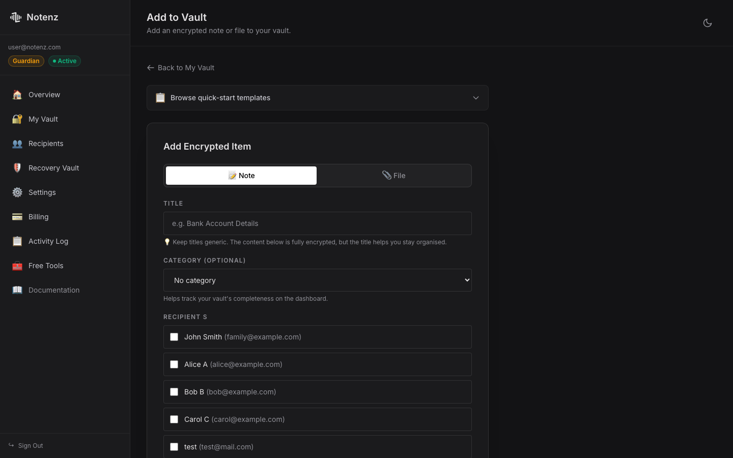 Adding an encrypted vault item in Notenz
