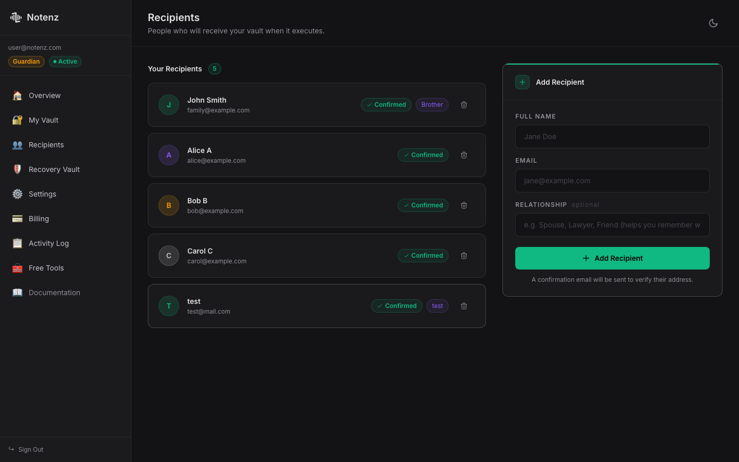 Adding a recipient in Notenz