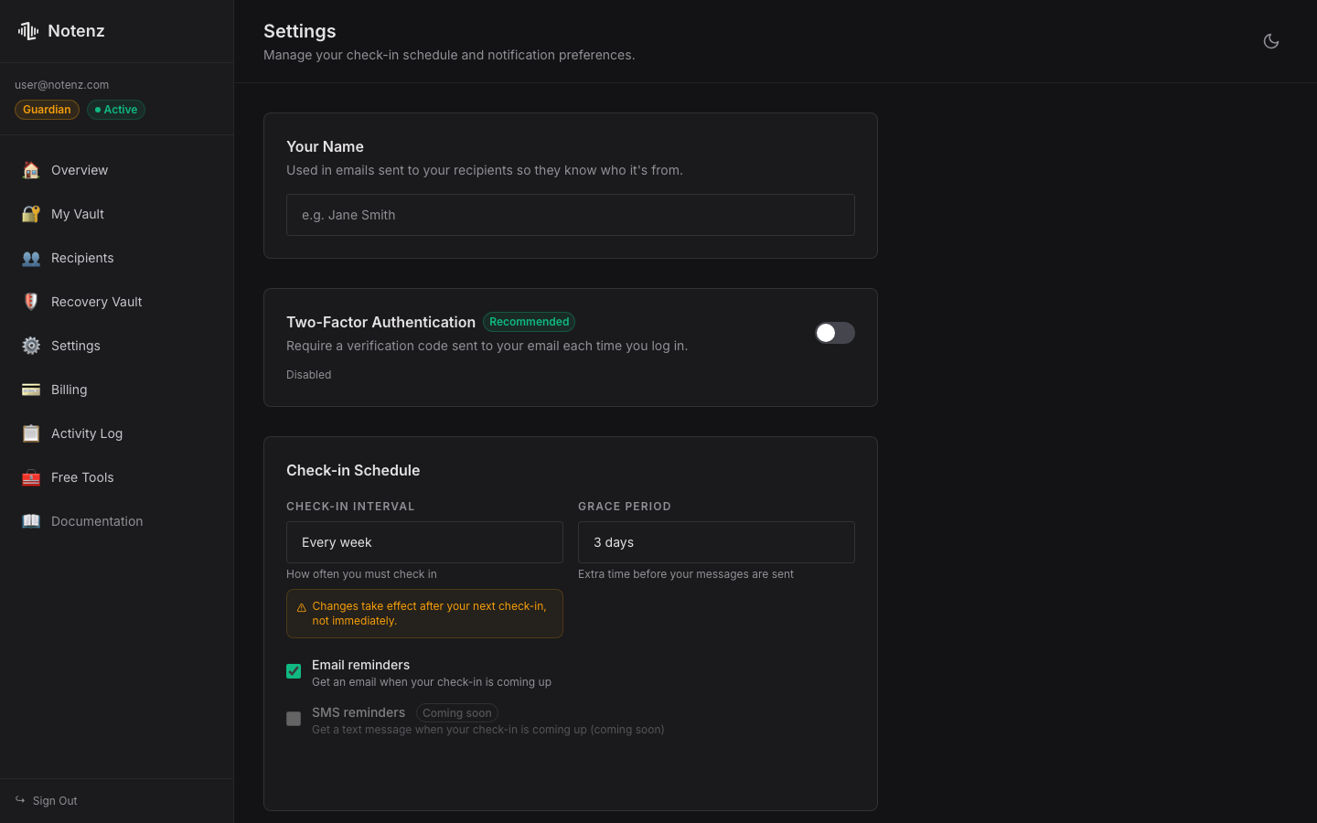 Check-in interval and grace period settings in Notenz