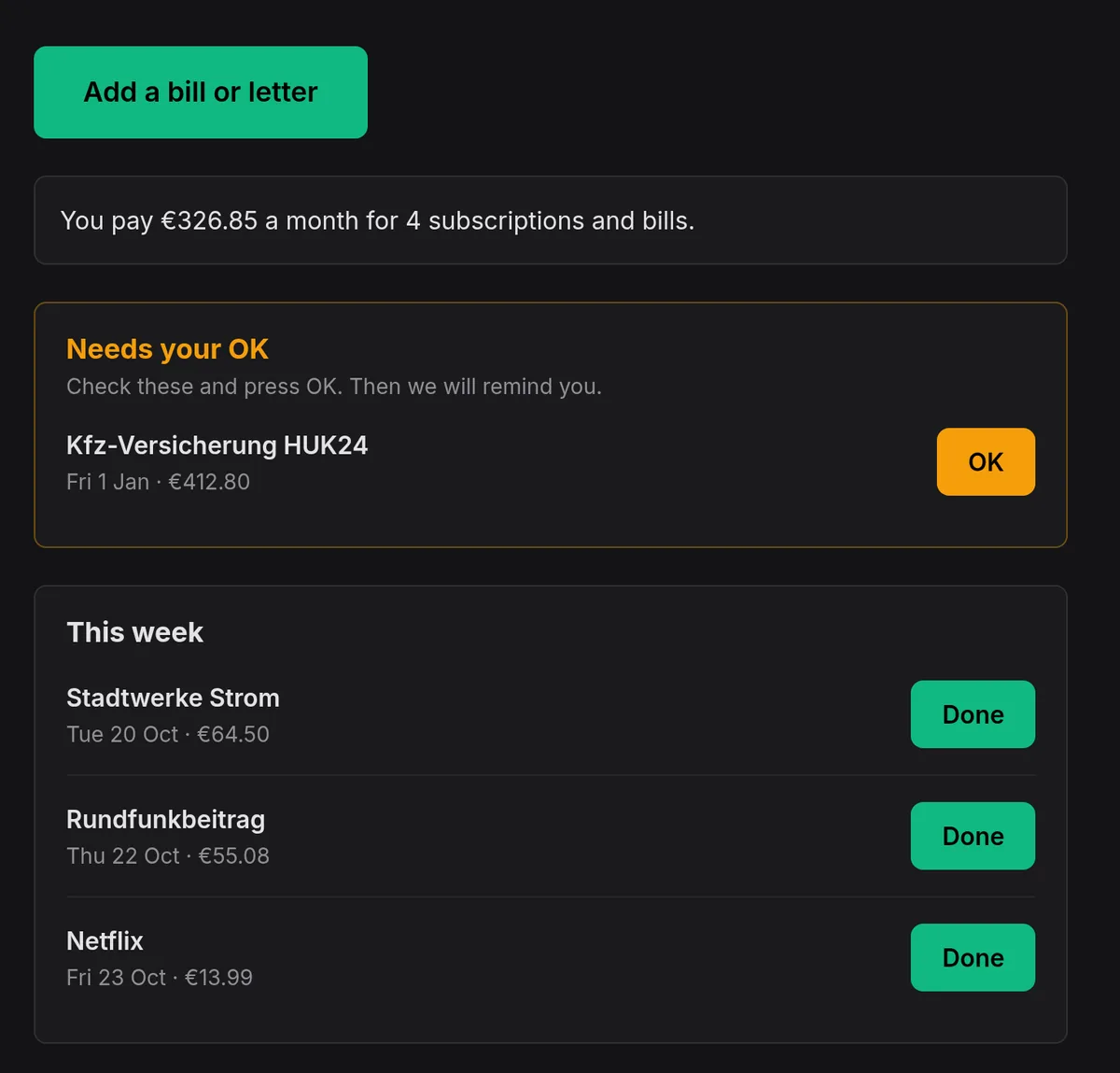 The Notenz This week screen: one item needs your OK, three bills are due this week, and one line shows what you pay each month.