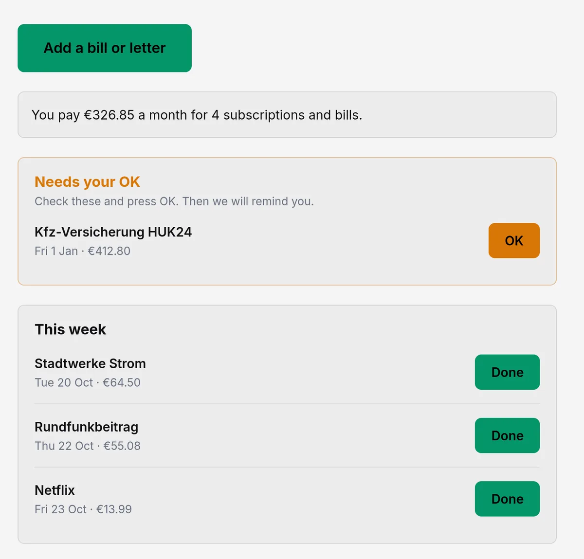 The Notenz This week screen: one item needs your OK, three bills are due this week, and one line shows what you pay each month.