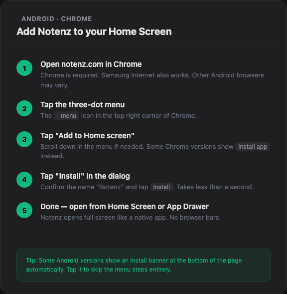 How to add Notenz to Android home screen